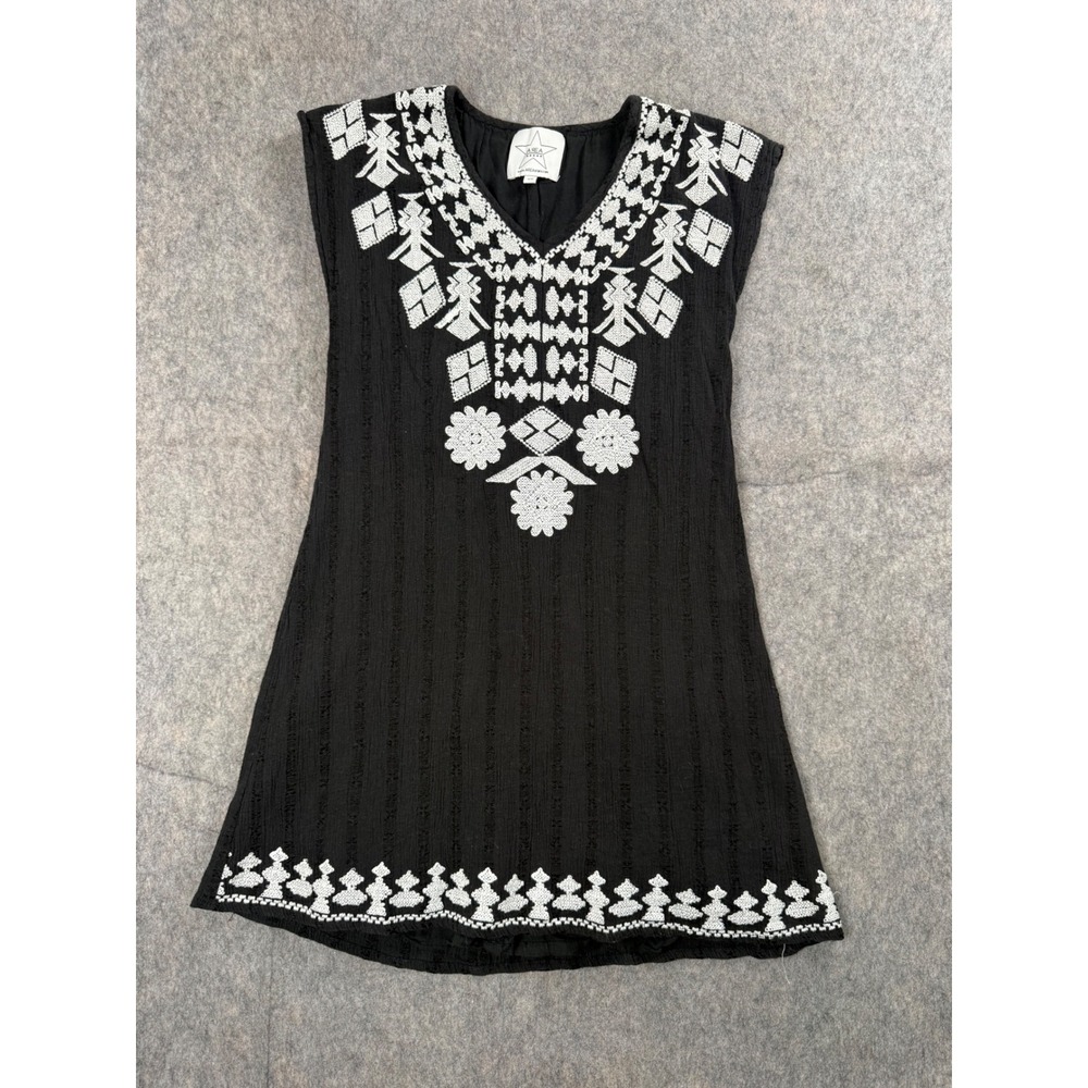 Area Stars Mini Dress Womens XS Black Cotton Gauze Embroidered Boho V-Neck Shift